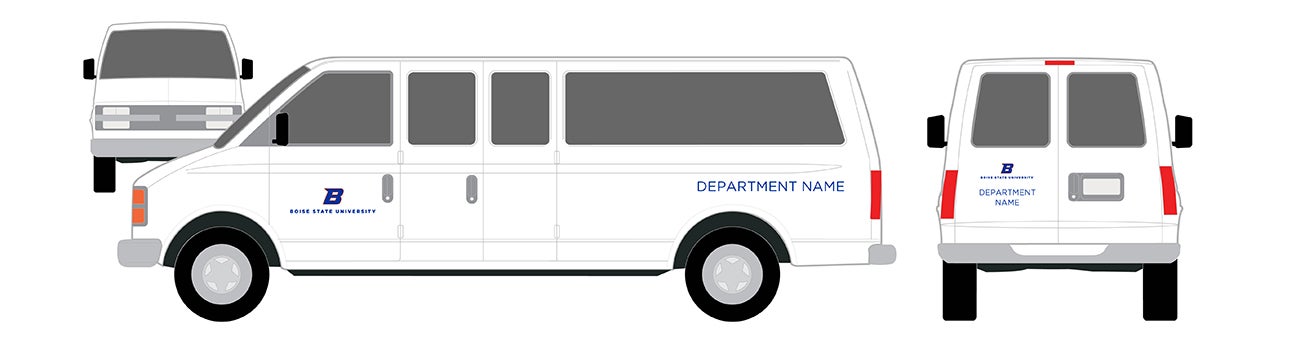 Illustration of a van showing the placement of the Boise State logo on the door panels and department name text.