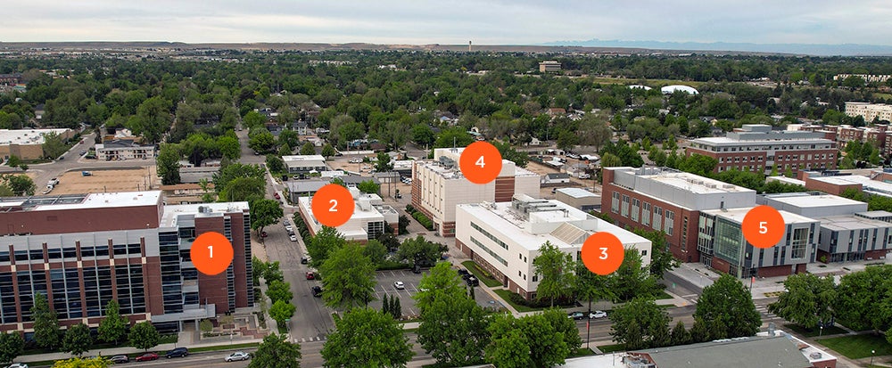 Aerial shot of COEN buildings, lab spaces