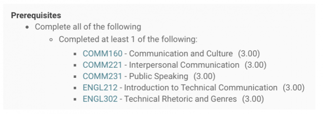 Prerequisites, completed at least one of the following, list of courses including COMM160, COMM 221, COMM231, ENGL212, ENGL302