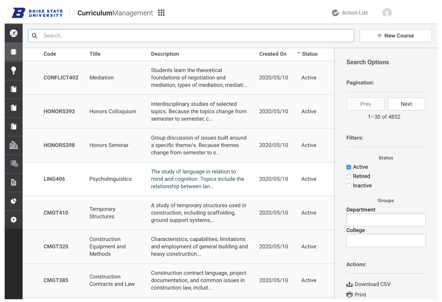 screenshot of curriculum management dashboard showing courses
