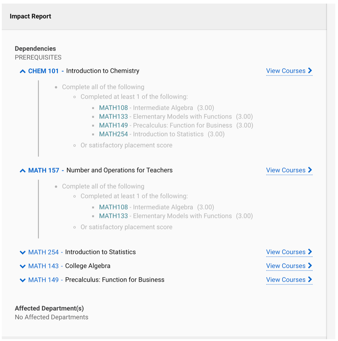screenshot of impact report showing dependencies including math classes