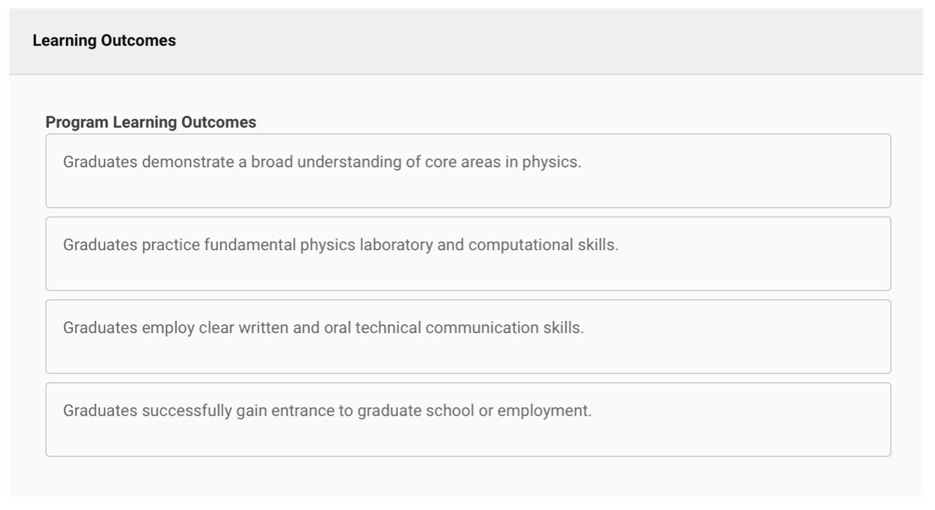 screenshot showing program learning outcomes. "graduates demonstrate a broad understanding of core areas in physics" is an example.