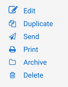 Screenshot shows edit, duplicate, send, print, archive, delete