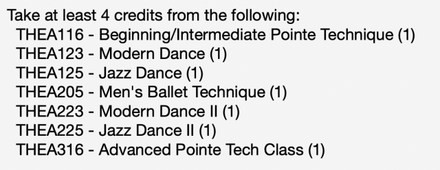 Shows a screenshot saying "take at least 4 credits from the following" and a list of theater courses