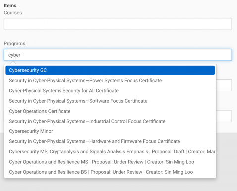 Screenshot showing text entered under programs "cyber." It shows cybersecurity GC and other cyber programs below