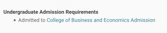 Undergraduate admission requirements screenshot