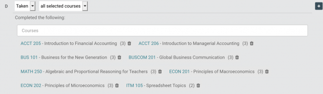 D= taken all selected courses, shows list of courses
