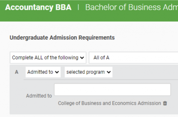 Undergraduate admission requirements, screenshot