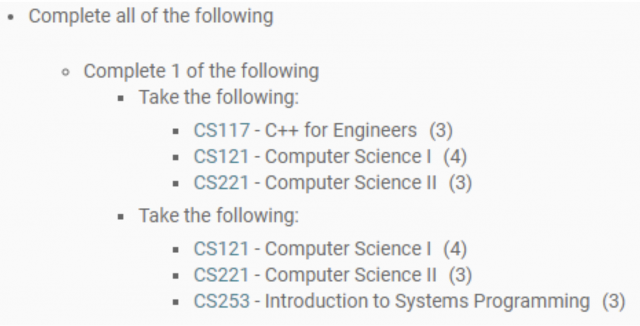 Complete all of the following complete 1 of the following take the following CS classes, take the following CS other classes.