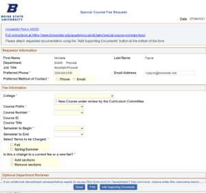 Screen shot of the special course fee request form