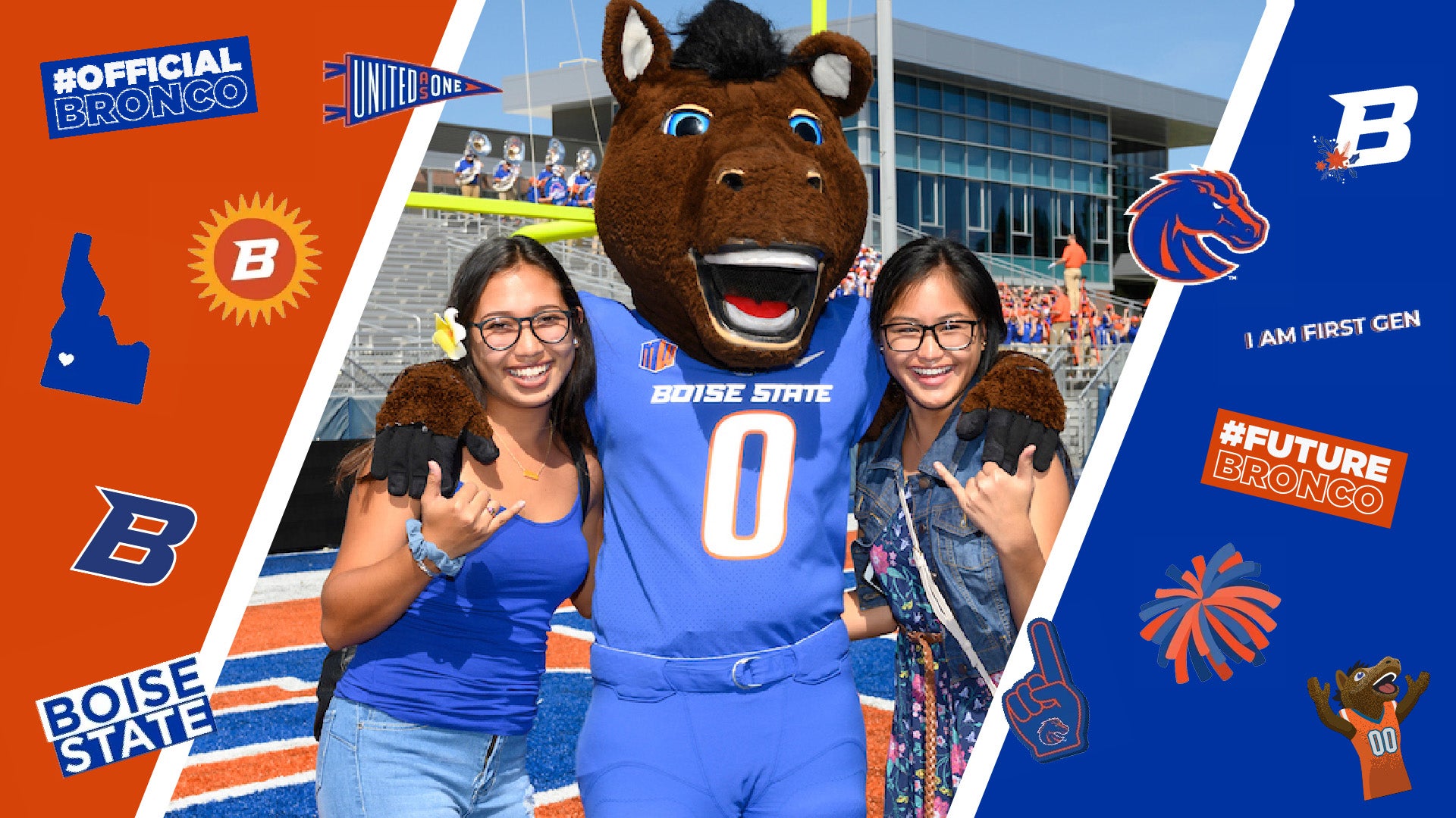 Students pose with Buster Bronco, and the image is overlaid with various Boise State themed flair.