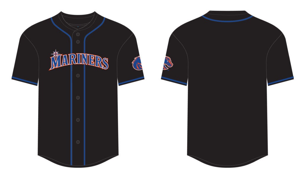 A black Seattle Mariners baseball jersey with blue and orange accents, shown from the front and back