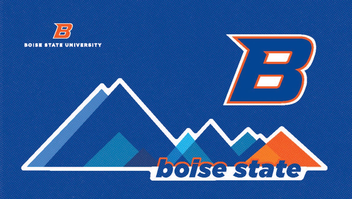 An graphic of blue and orange mountains with Boise State branding