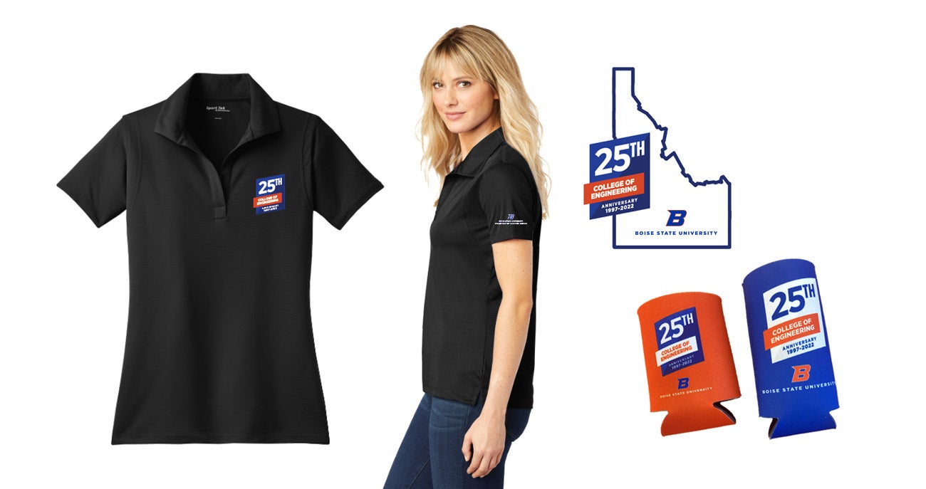 Image shows a variety of products featuring the anniversary graphic, including a black polo, a model standing at profile wearing the polo, a sticker design in the shape of the Statue of Idaho and two orange and blue koozies.