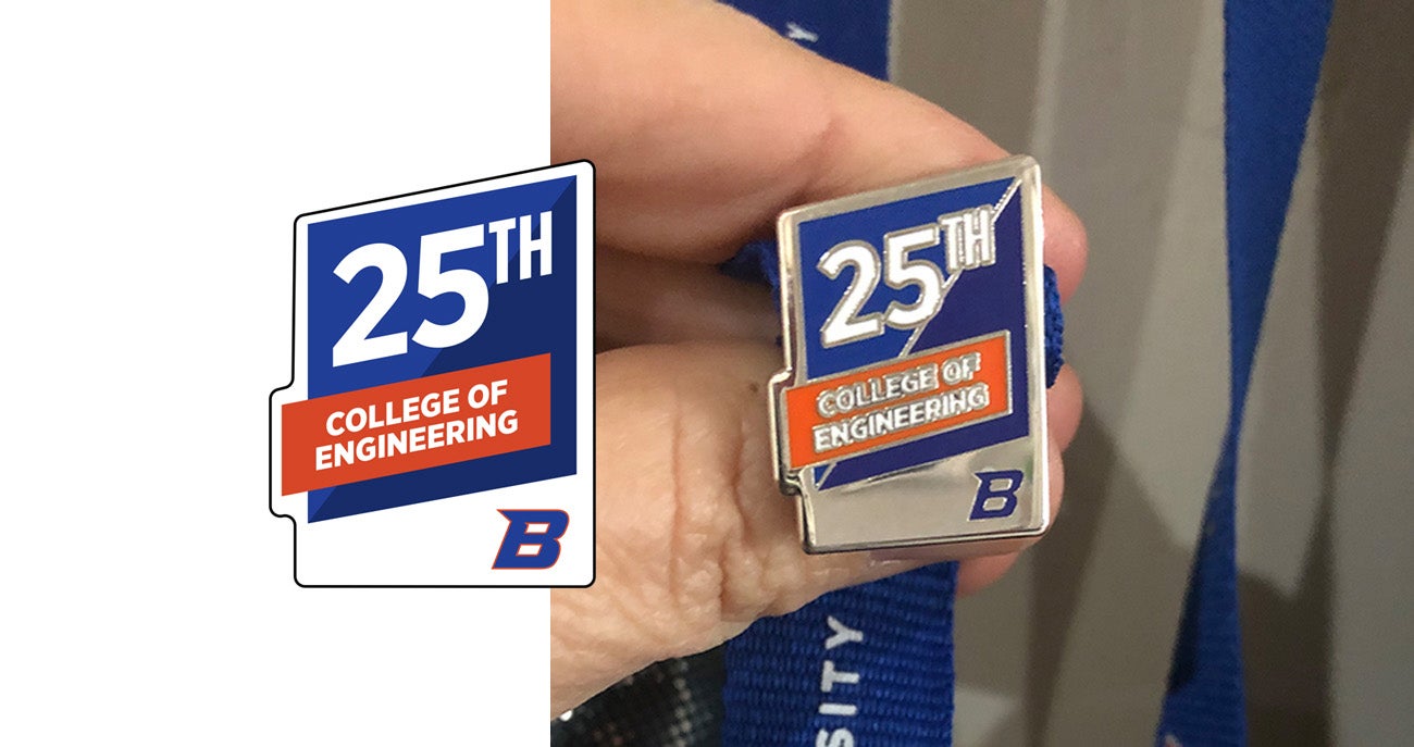 Image shows the College of Engineering 25th anniversary lapel pin design layered on a photo of the finished product.