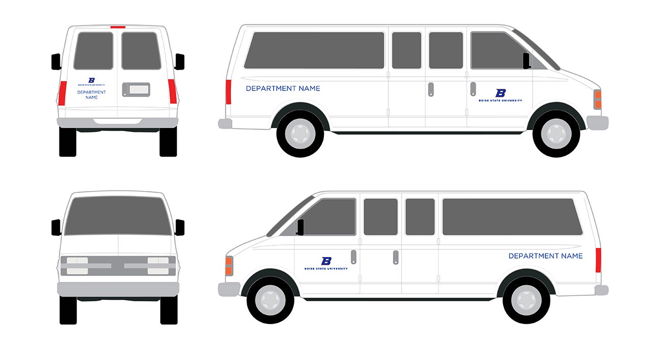 Illustration of the university logo and text placement on a van