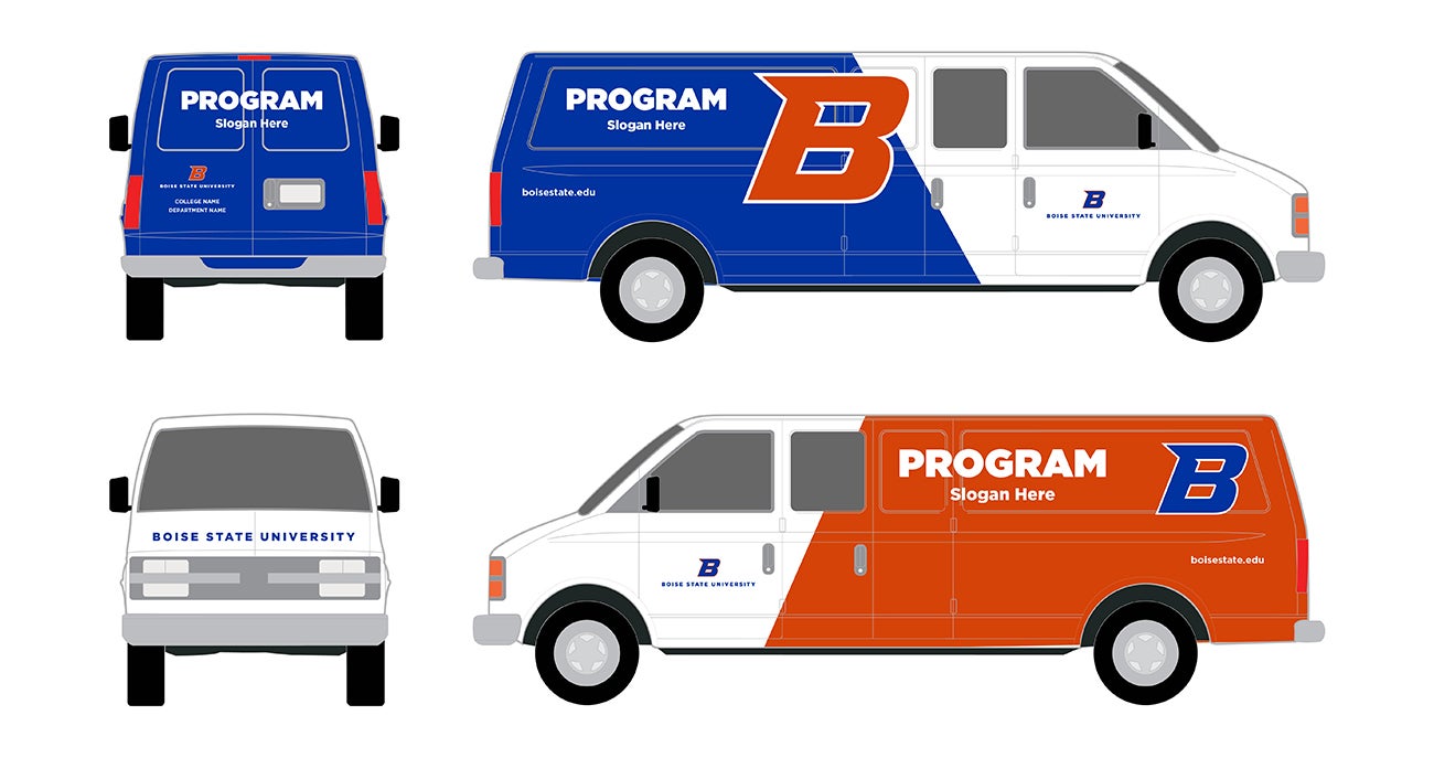 Illustration of the blue and orange transport vehicle wrap design on a van