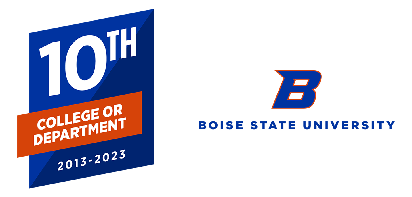 Image shows the anniversary graphic, a blue rhomboid shape with a layered orange rhomboid shape on the left and our university signature mark on the right.