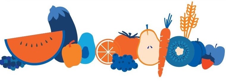 Blue and orange graphic of fruit 