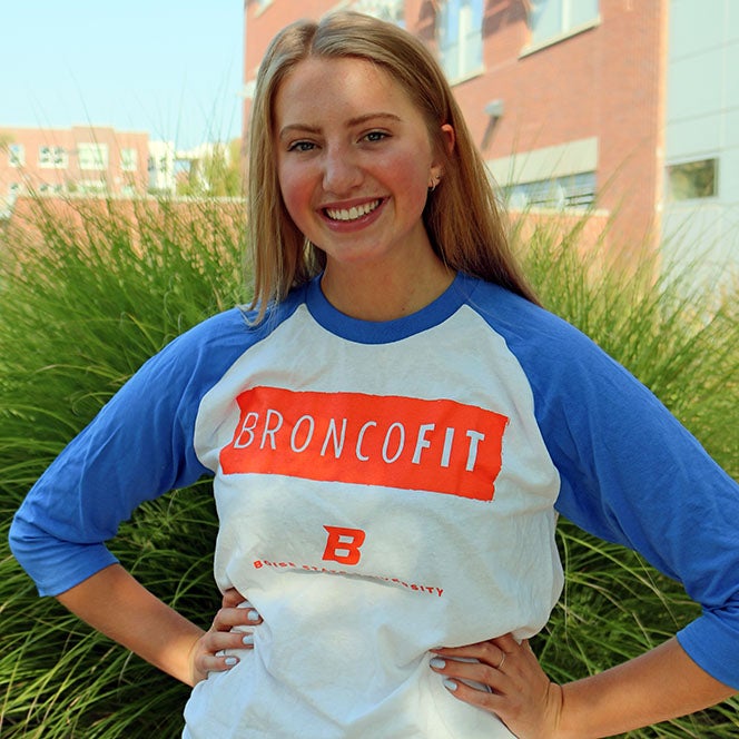 Student wearing Bronco Fit shirt