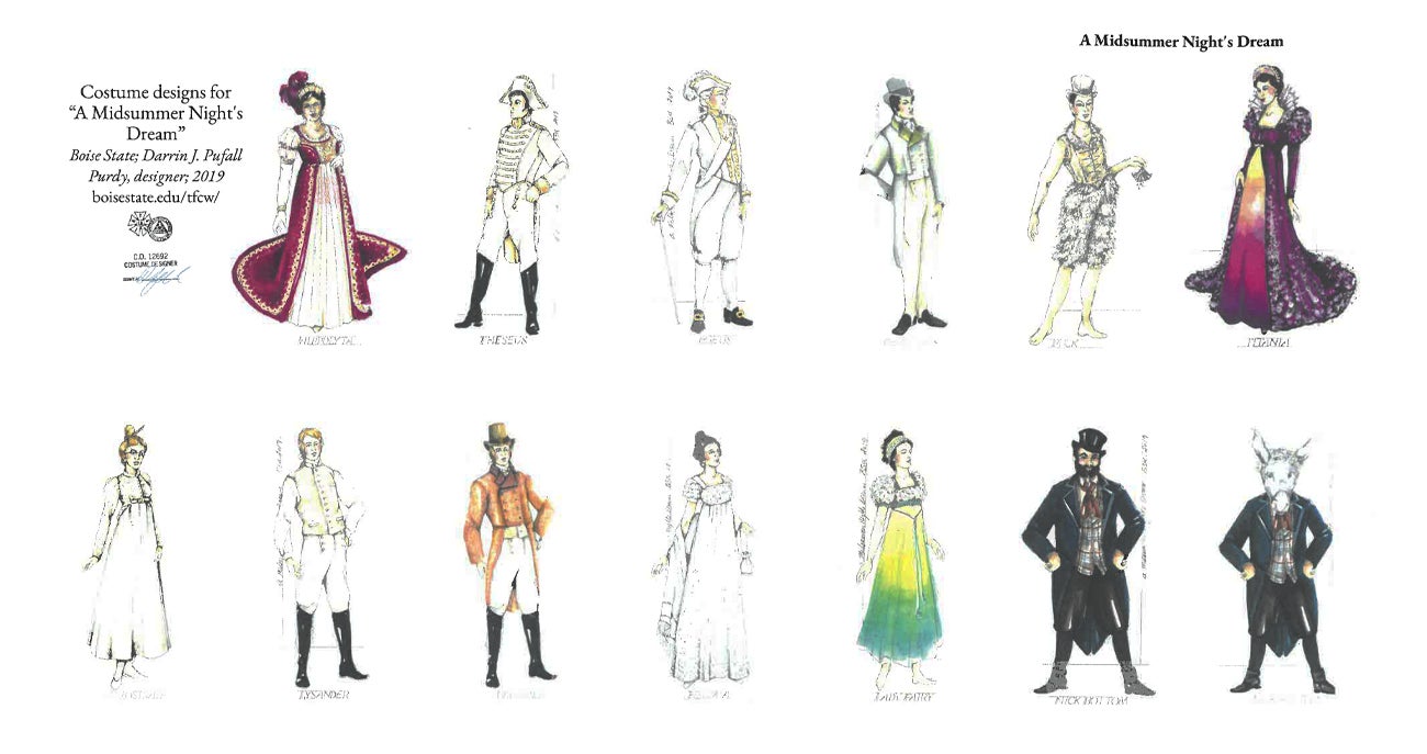 Illustrations of costume designs for the Boise State University 2019 production of Shakespeare's "A Midsummer Night's Dream"