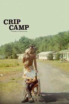 Poster for the film "Crip Camp" with a photo of a man pushing another man in a wheelchair