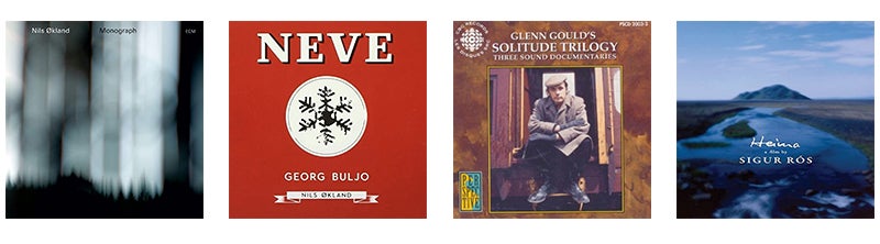 Album covers for the following four albums: Monograph by Nils Okland, Neve by Georg Buljo, Solitude Trilogy by Glenn Gould, and Heima by Sigur Ros