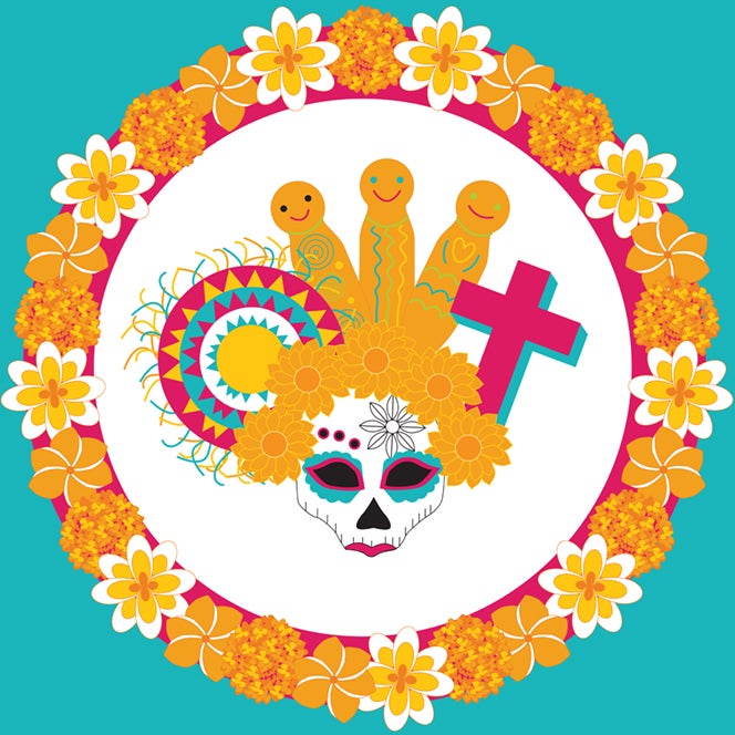Image of a Day of the Dead skull with Christian and religious symbols
