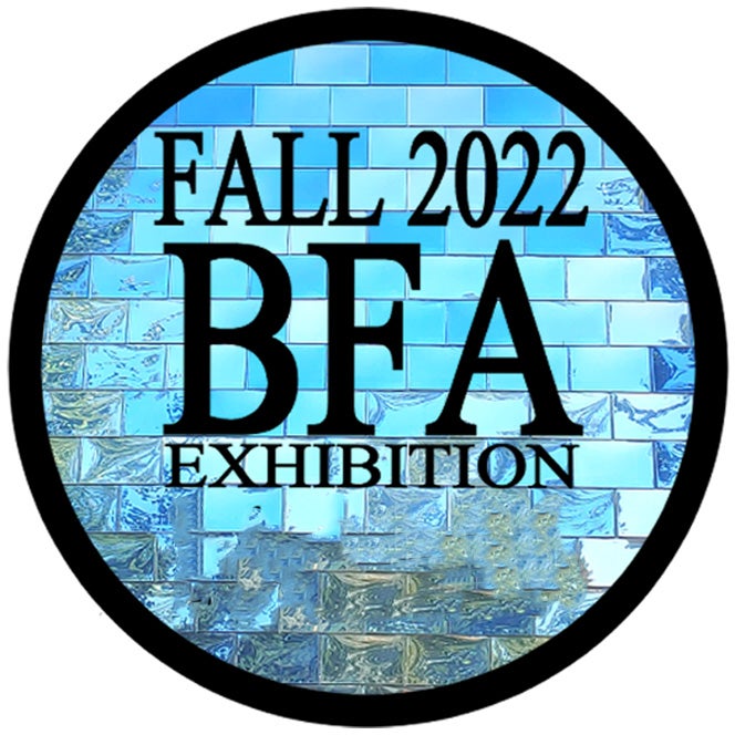 Photo of the side of the Center for Visual Arts with the words "Fall 2022 BFA Exhibition" on top