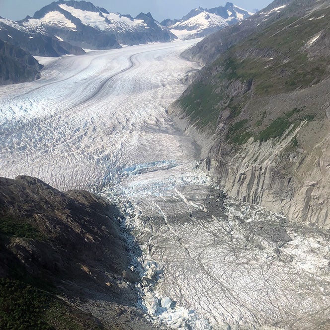 Photo from an airplane of a glacier field in Alaska