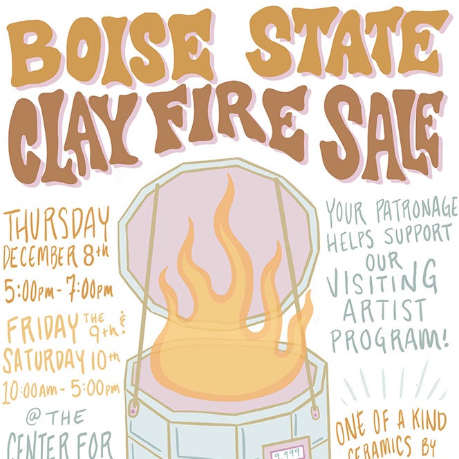 Illustration of a ceramic kiln with the words "Boise State Clay Fire Sale"