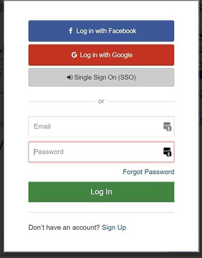 Log in with FaceBook, log in with Google, Log in, don't have an account, sign up