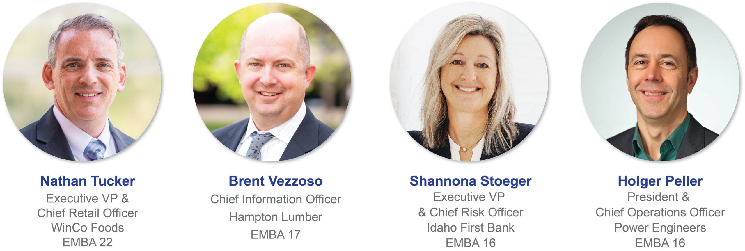 Image of four EMBA alumni with executive-level positions.
