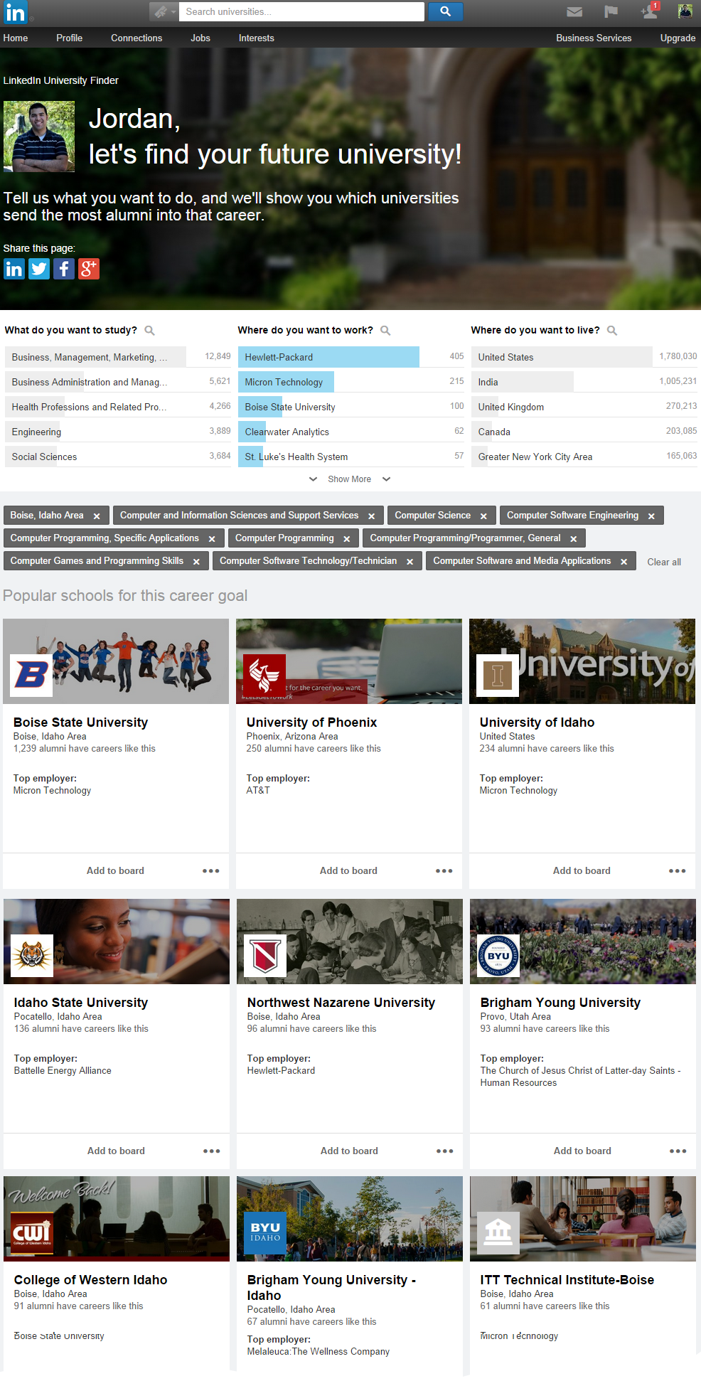 A LinkedIn University Finder screenshot personalized for Jordan, showcasing career-focused study options.