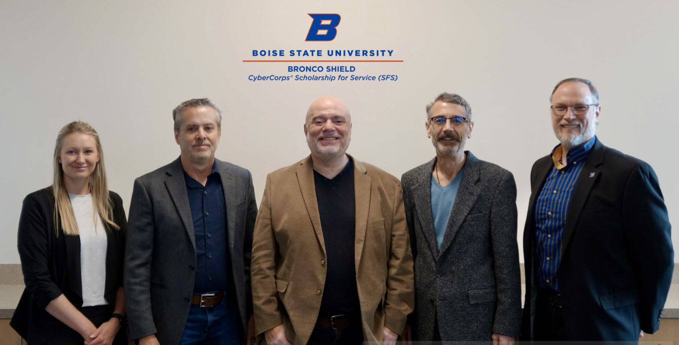 Group photo of BRONCO SHIELD Program Coordinator Anna White, Director and PI Gaby Dagher, and Co-PIs Tim Andersen, Don Winiecki and Ed Vasko