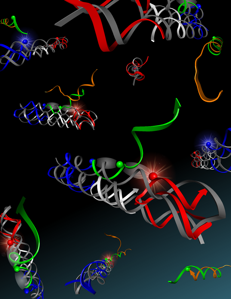 3D molecular structure model with colorful alpha helices and beta strands on a black background.