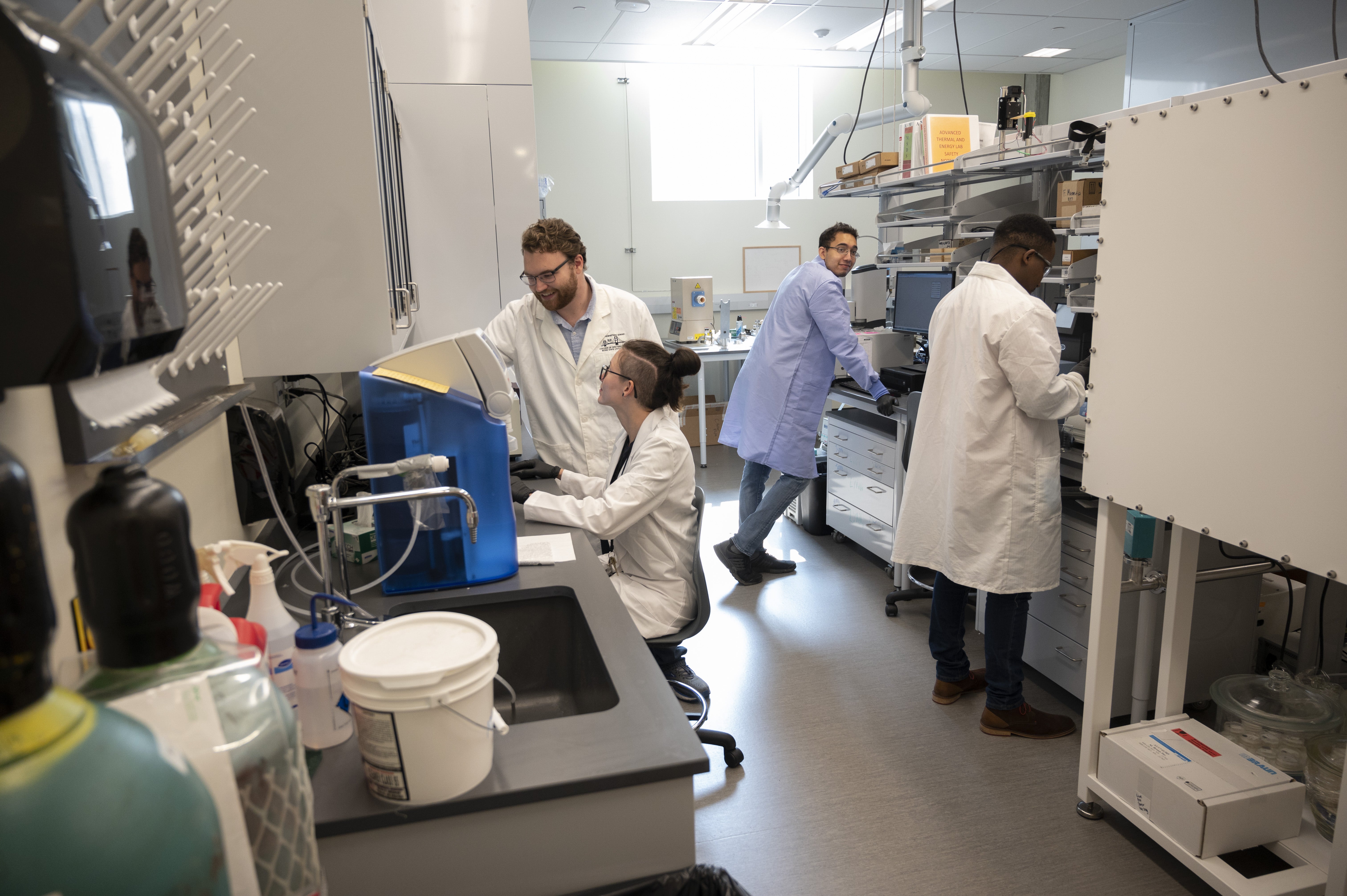 Four students conducting various research in a lab
