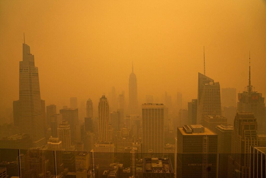 New York City skyline with smoke from the Canadian fires of 2023.