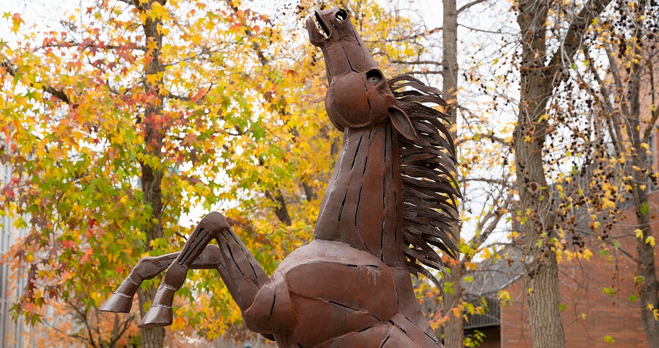 Metal bronco statue in the Boise State quad