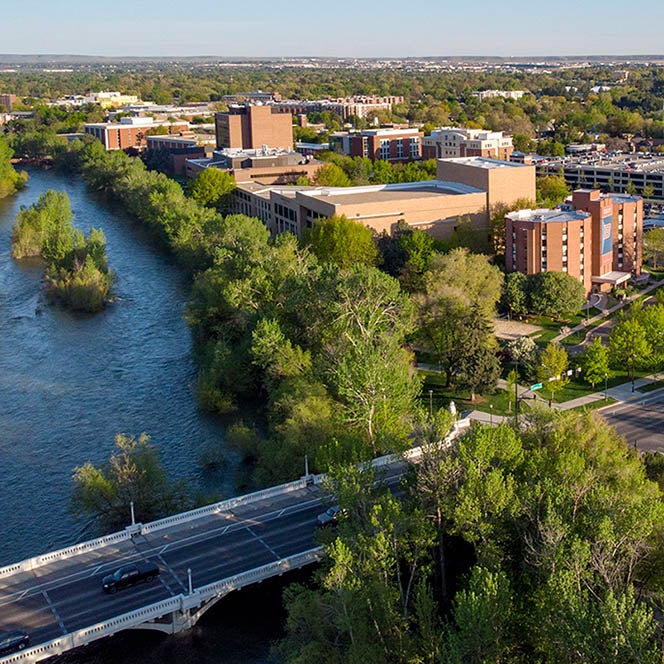 Panoramic view of the Boise River with Boise State University on the right
