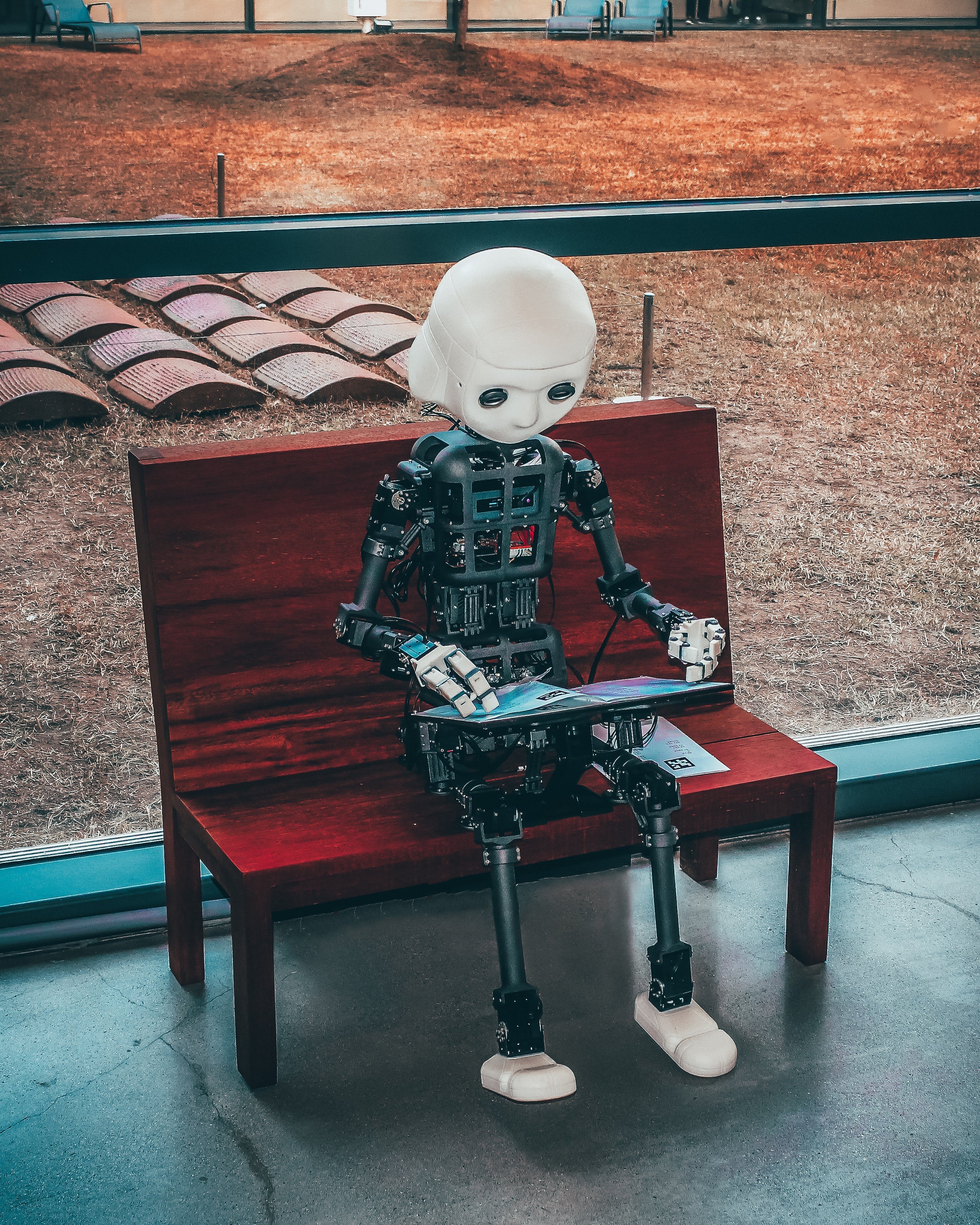 Robot appears to be reading on a bench