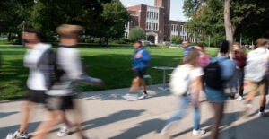 Students walk through the Quad