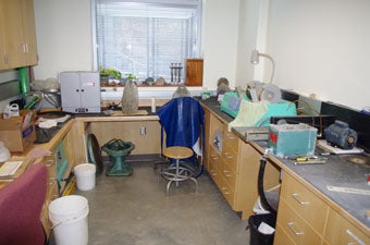 Thin-section laboratory including cut-off saw and thinner, polishing wheels, and vibramat slab polisher