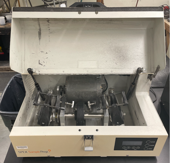Spex dual mixer mill with agate, alumina ceramic, tungsten carbide, steel, and plastic ball mills.