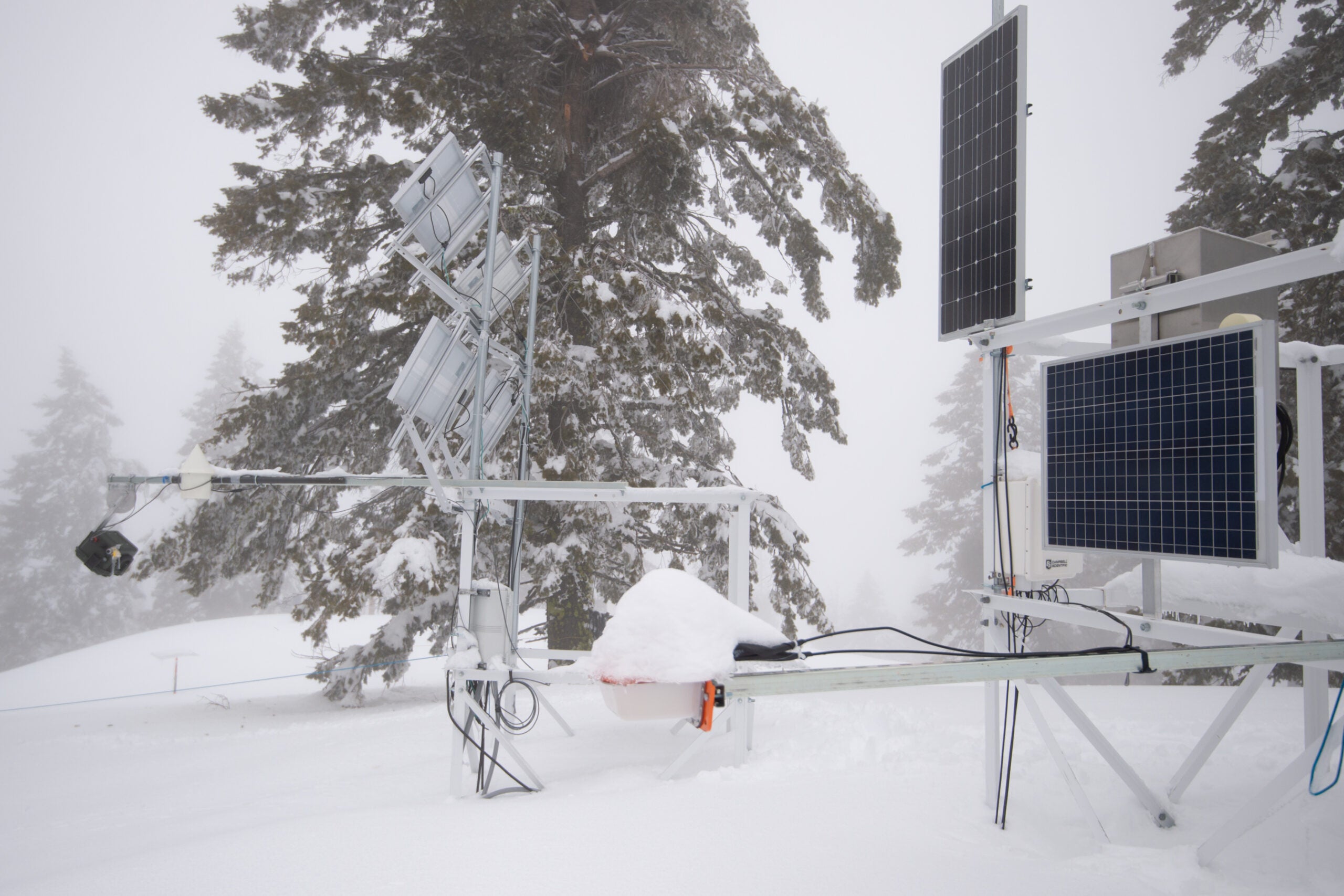 Solar panels and metal structures in snowy conditions