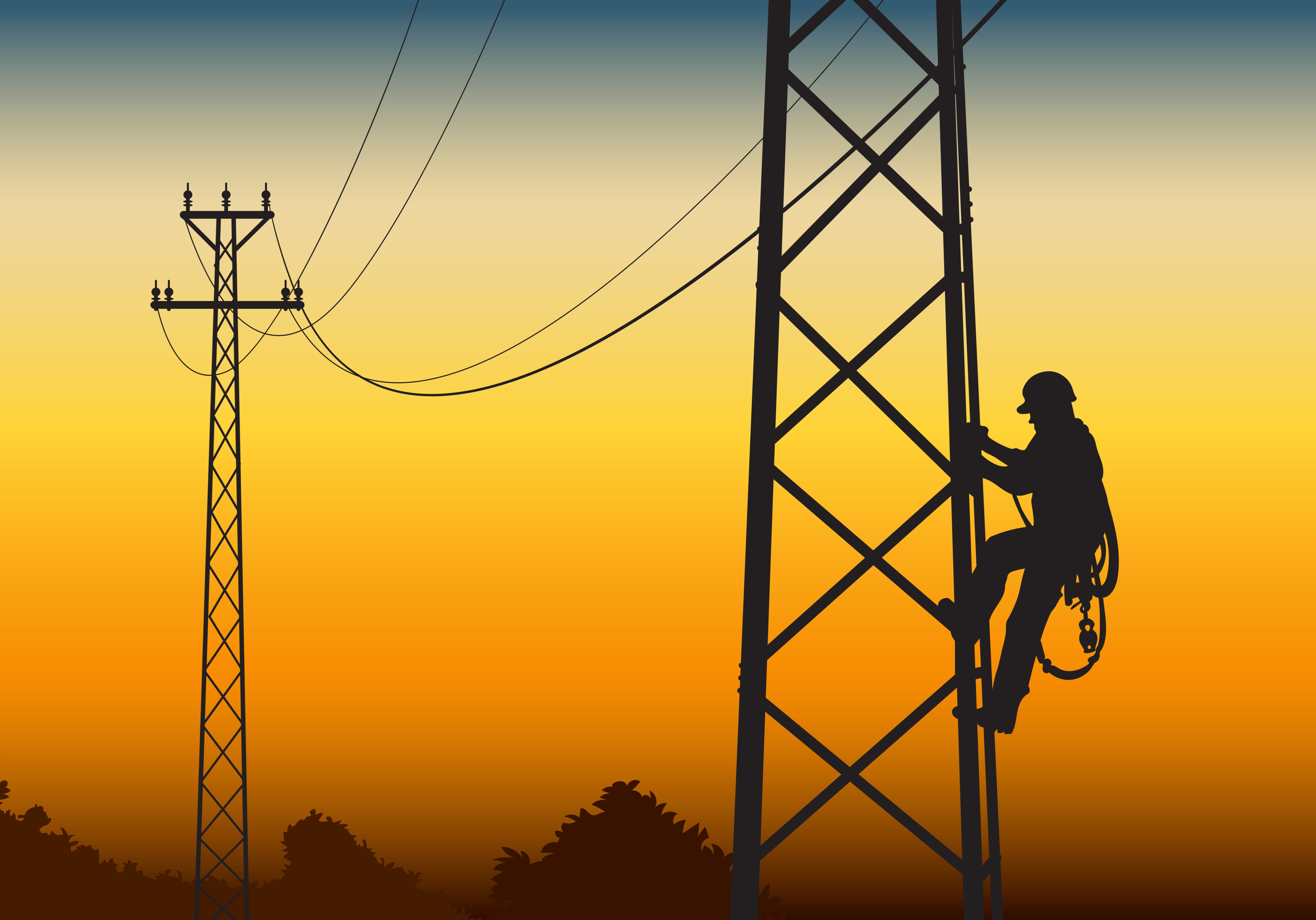 Lineman working on a power line at dusk.
