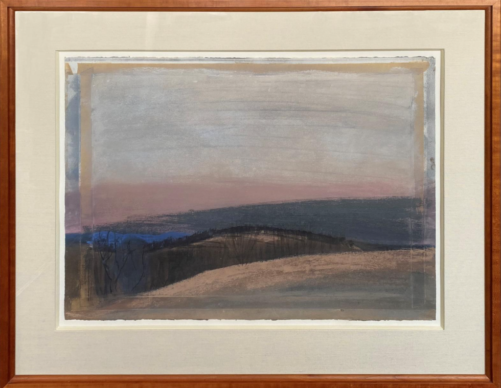 artwork of a landscape with a dusty rose sky and hills in the foreground