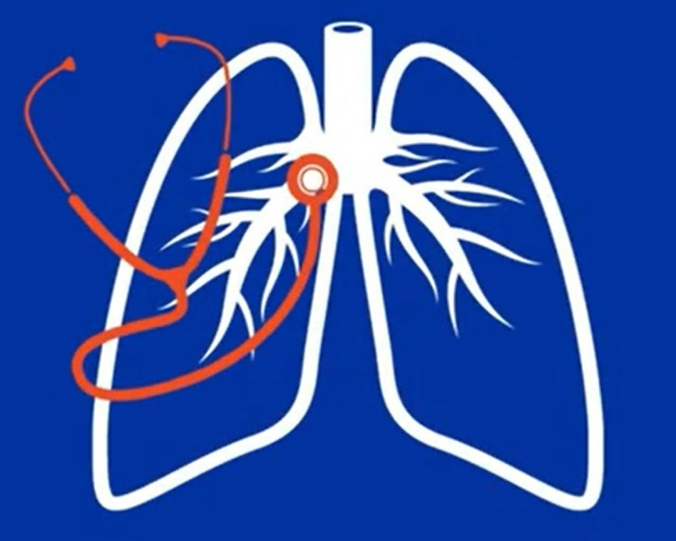 Blue background, white outline of lungs, orange stethoscope