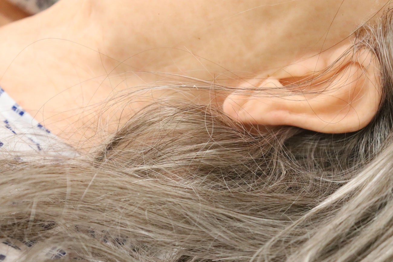 A close up of an elderly manikin's hair and ear detail.
