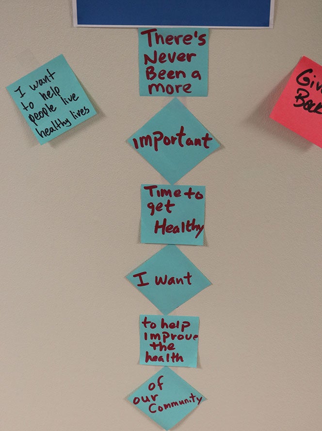 Multi-Post-It note response reads: "There's never been a more important time to get healthy. I want to help improve the health of our community. Other notes read "I want to help people live healthy lives" and "Give back"